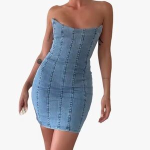 Blue Strapless Denim Bodycon Dress